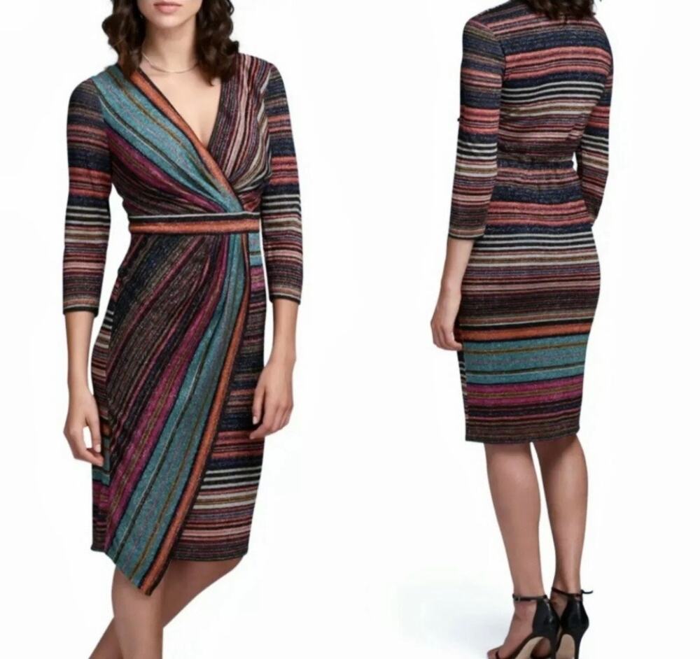 BOSTON PROPER Womens Bold Striped Metallic Knit Faux Wrap Dress Y2K NEW Size 10